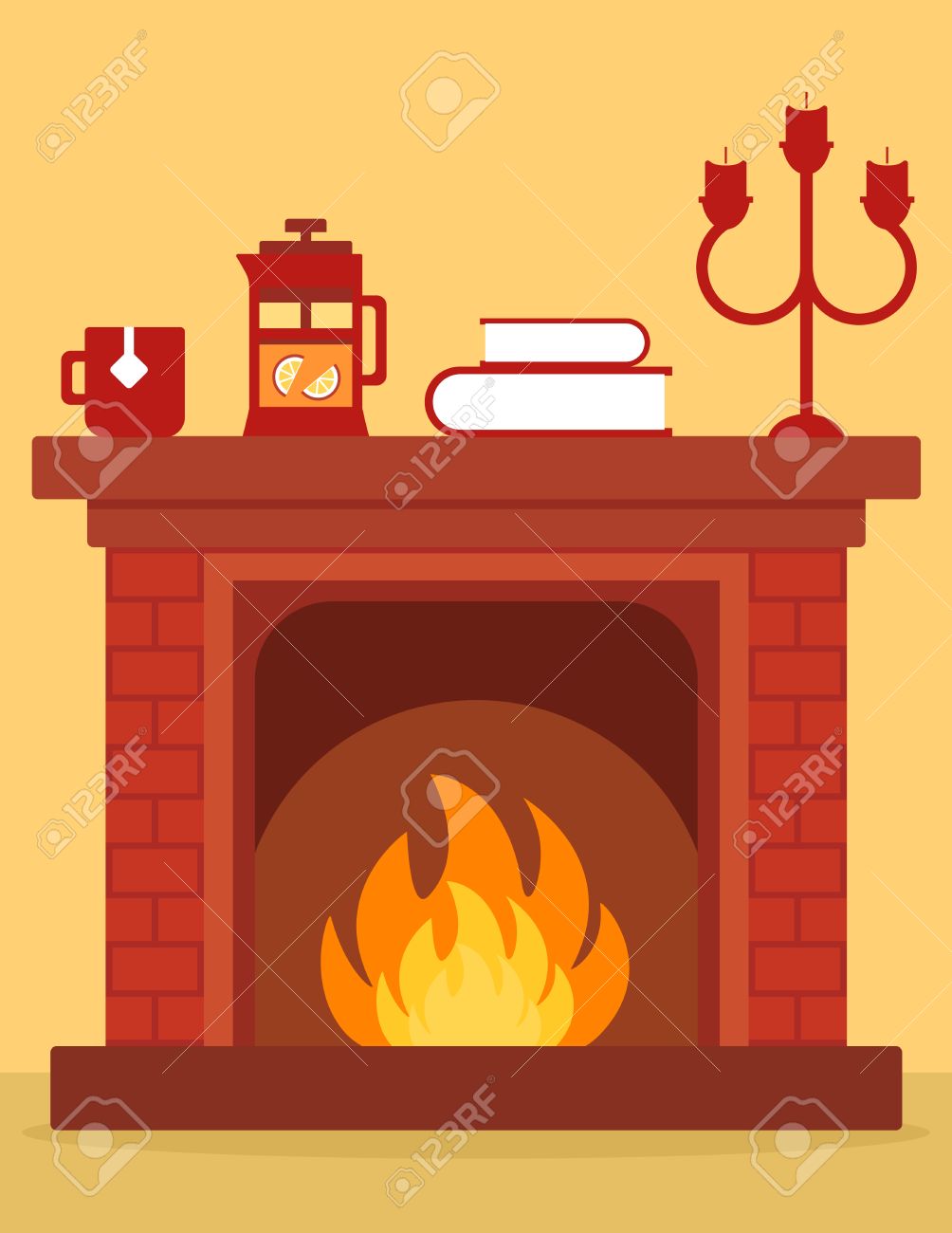 Cozy Fireplace On Room. Cartoon Red Brick Fireplace On Home With Burning  Fire. Royalty Free SVG, Cliparts, Vectors, and Stock Illustration. Image  66198062., image size:1004x1300