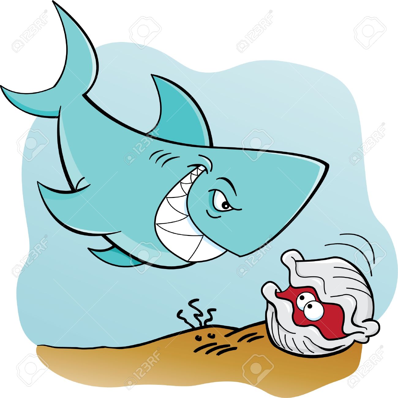 サメと水中貝の漫画イラストのイラスト素材 ベクタ Image サメと水中貝の漫画イラストのイラスト素材 ベクタ Image