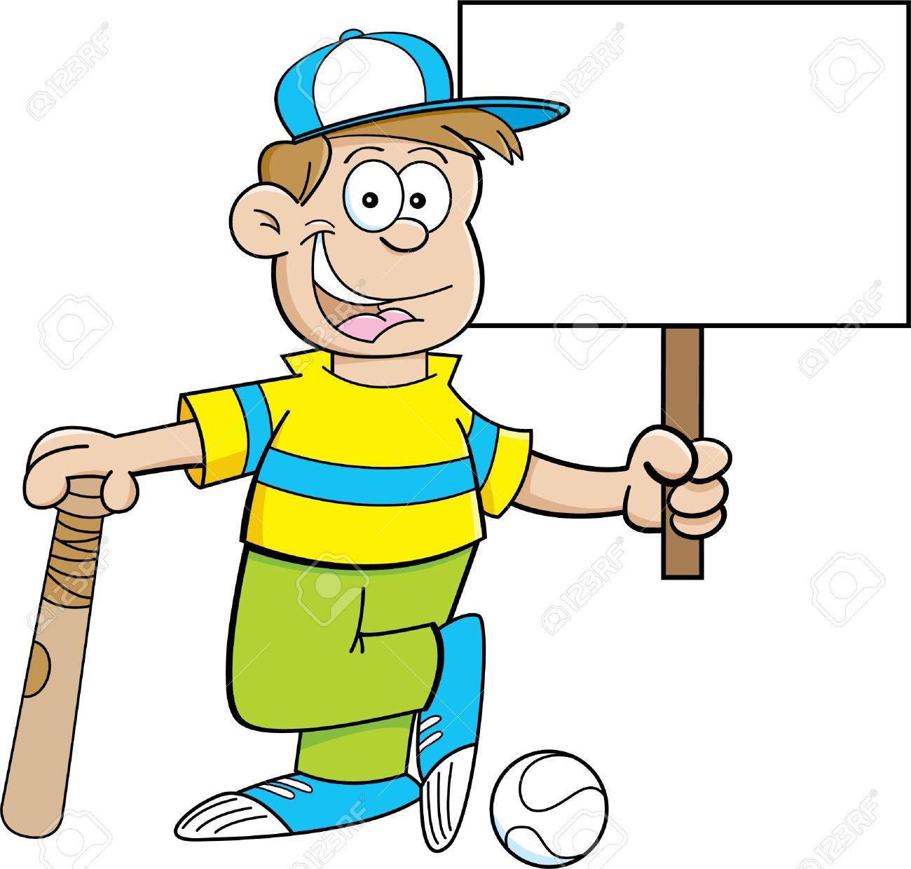 Cartoon Illustration Of A Boy Wearing A Baseball Cap And Holding