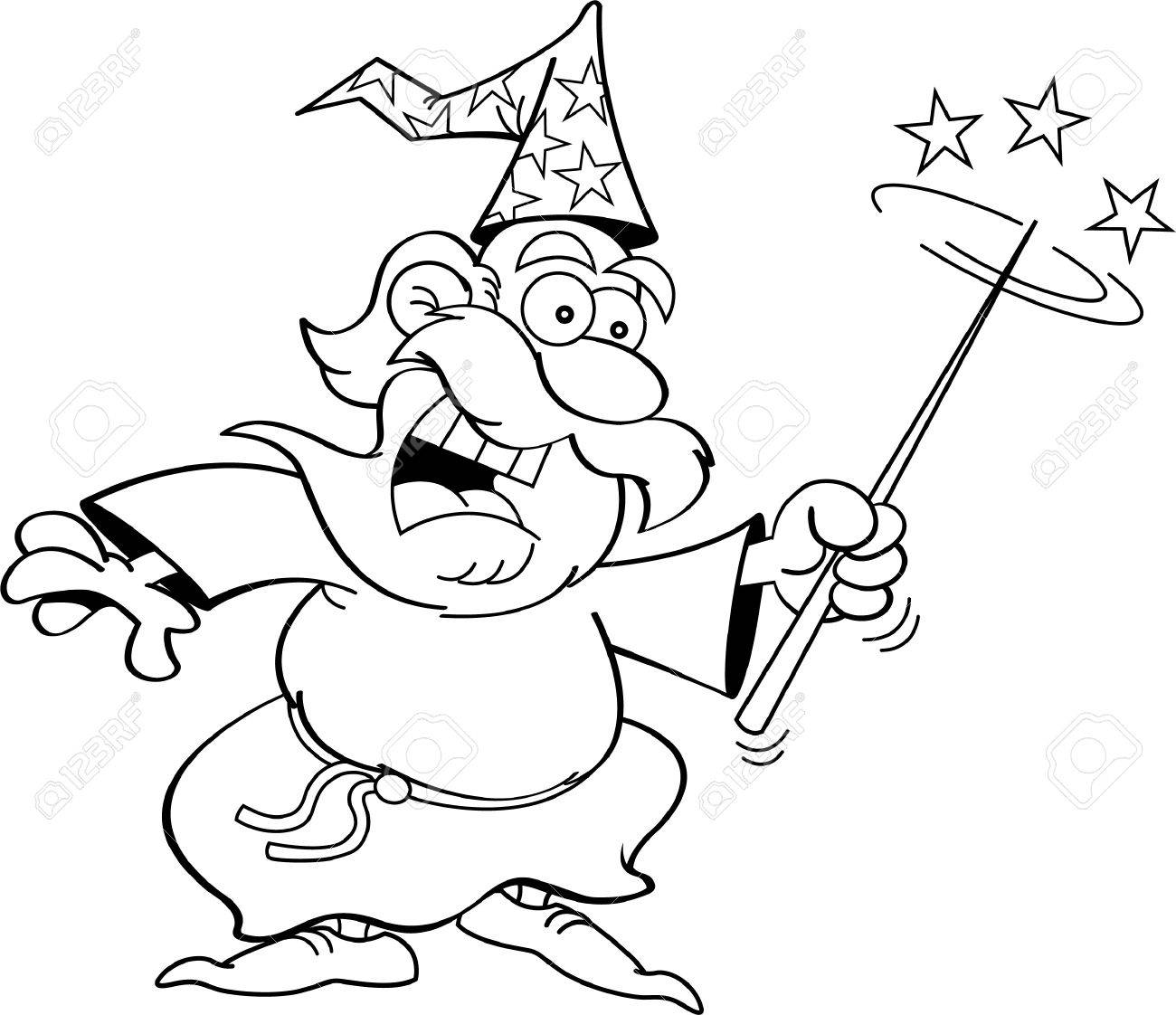 Schwarz Weiss Darstellung Eines Assistenten Mit Einem Zauberstab Lizenzfrei Nutzbare Vektorgrafiken Clip Arts Illustrationen Image 21525003