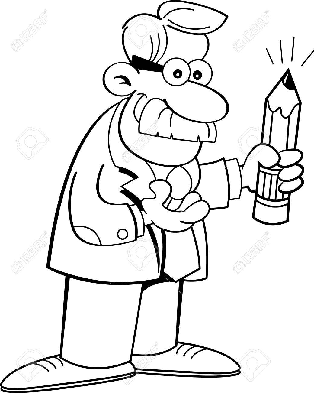 鉛筆を握って男の黒と白のイラストのイラスト素材 ベクタ Image