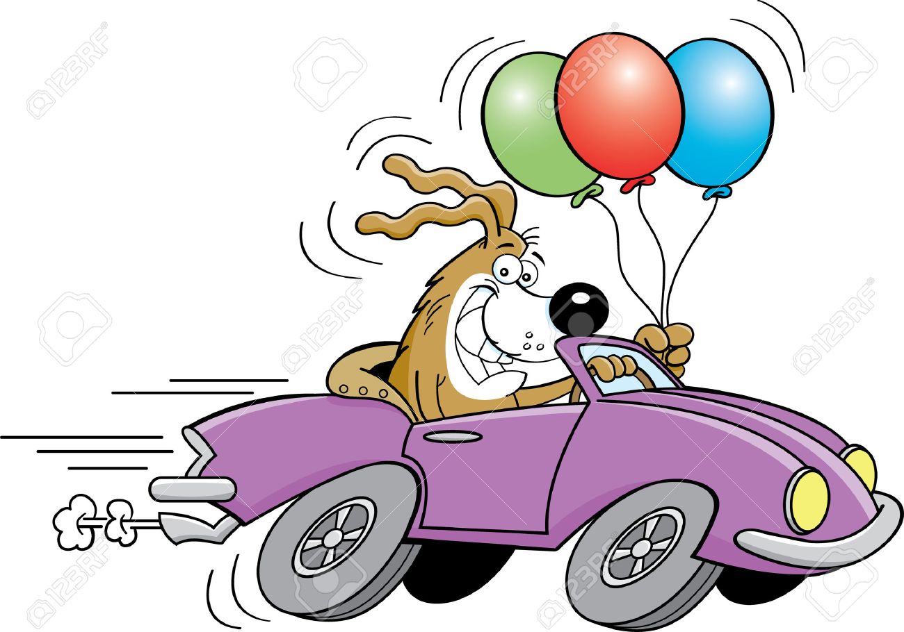 犬はスポーツ車の運転と風船の漫画イラスト のイラスト素材 ベクタ Image