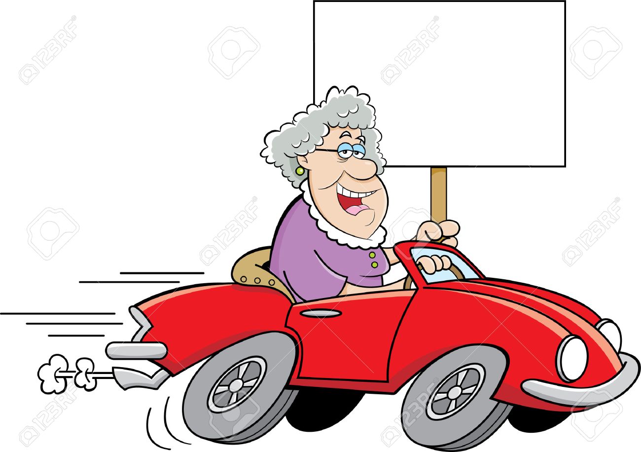 Cartoon Illustration Of An Old Lady Driving A Sports Car And ...