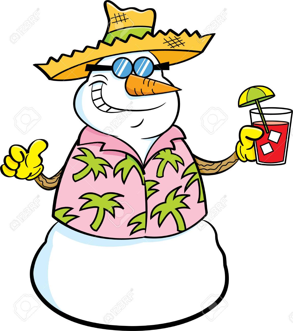 麦わら帽子をかぶって トロピカルド リンクを保持している雪だるまの漫画イラスト のイラスト素材 ベクタ Image