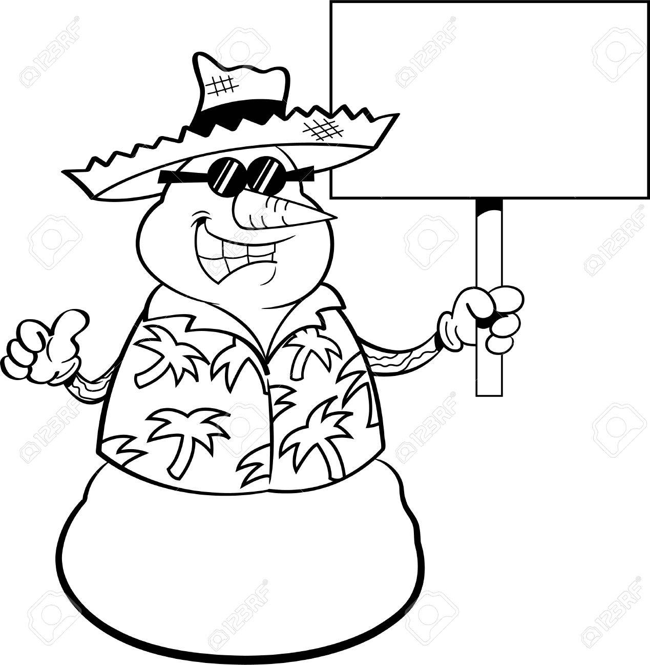 麦わら帽子をかぶって 看板を持っている雪だるまの黒と白のイラスト のイラスト素材 ベクタ Image