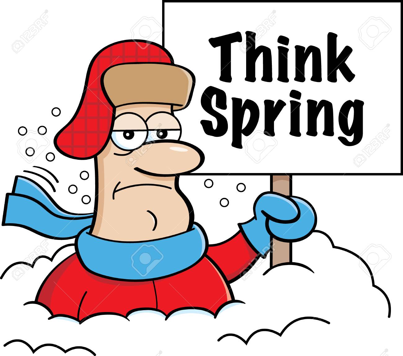 Cartoon Illustration Of A Man Buried In Snow Holding A Think Spring Sign.  Royalty Free SVG, Cliparts, Vectors, and Stock Illustration. Image 93017755.