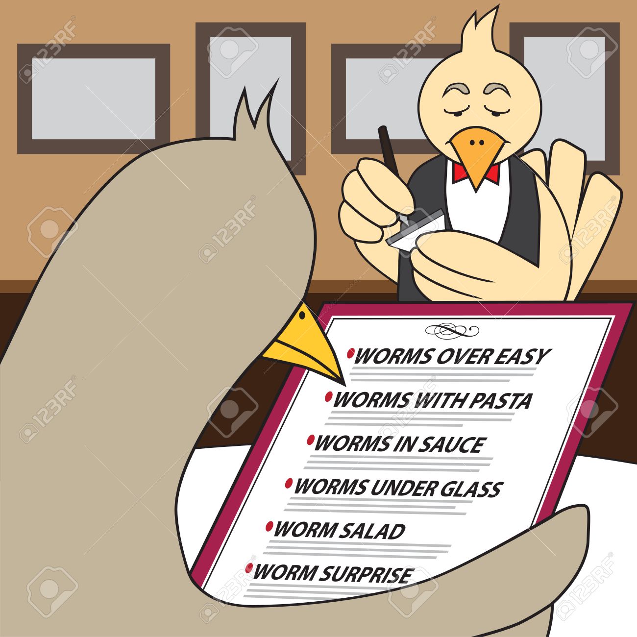 bird in fancy restaurant is looking at menu and trying to decide fancy restaurant menu