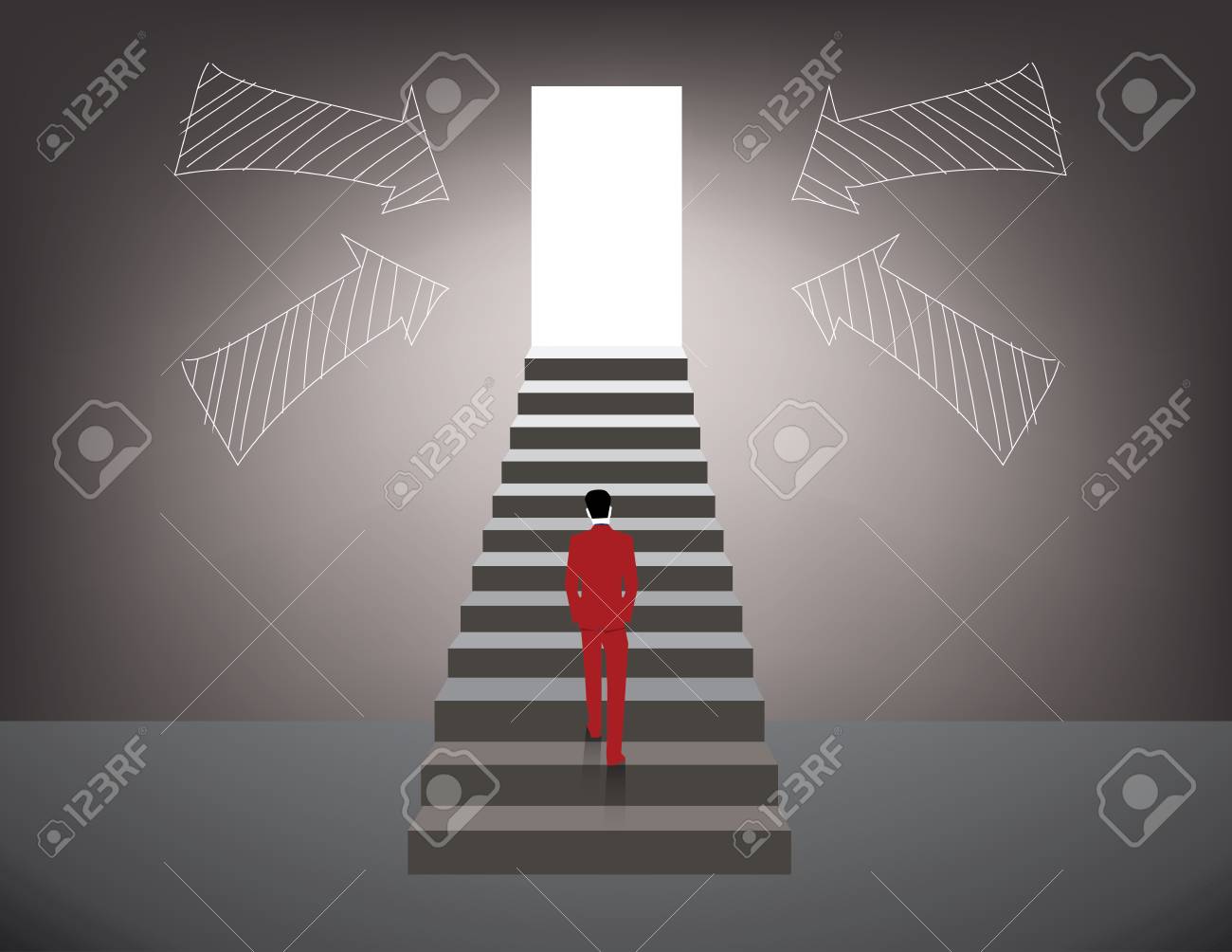 階段の上を歩くと矢印の成功の扉を見ての実業家 コンセプト ビジネス イラストです 平面ベクトル のイラスト素材 ベクタ Image