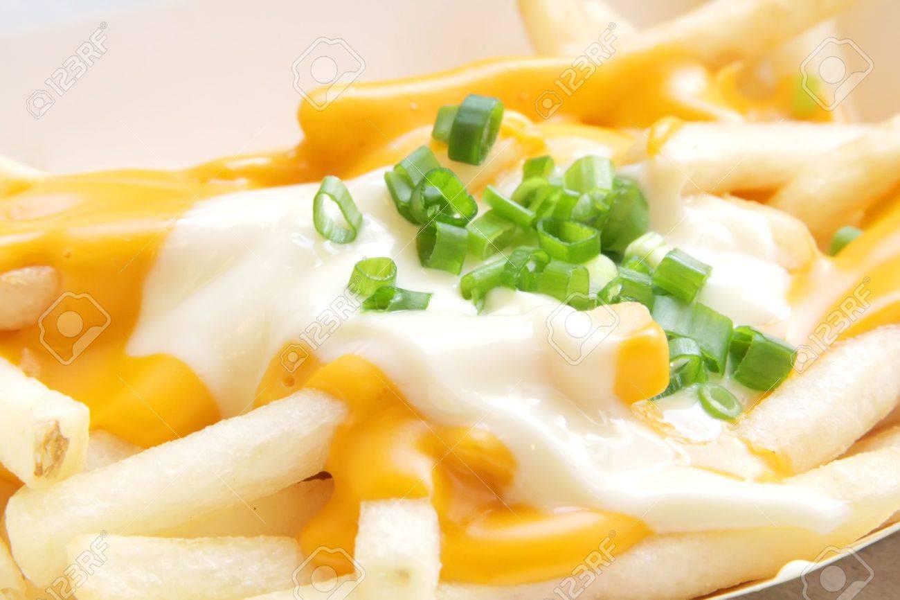 potato chips with melted cheese gravy and mayonaise stock photo