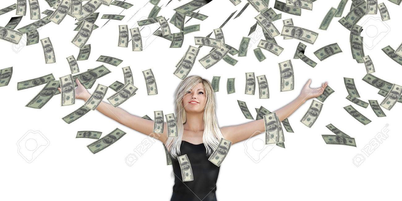 woman catching money falling