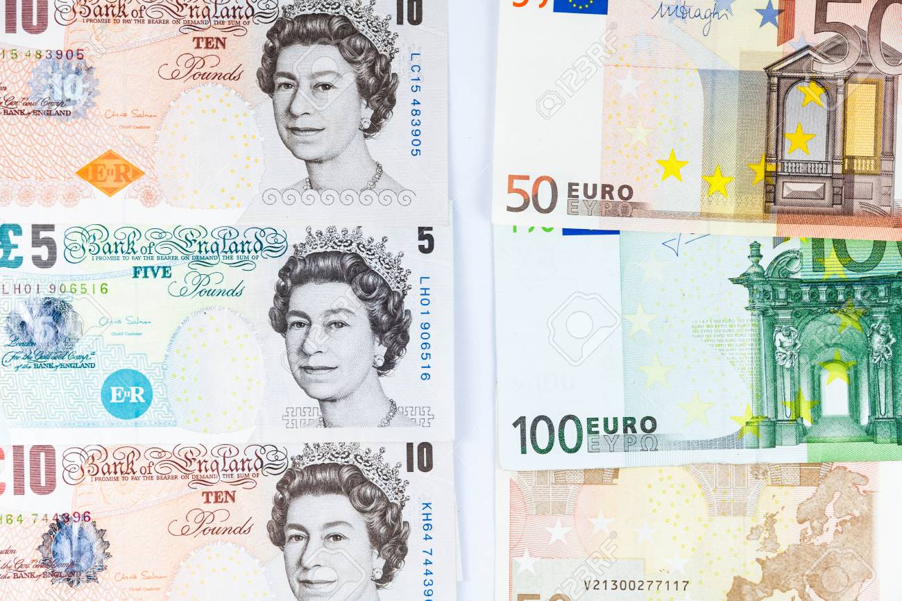 close up view of england pound sterling and europe euro indicating