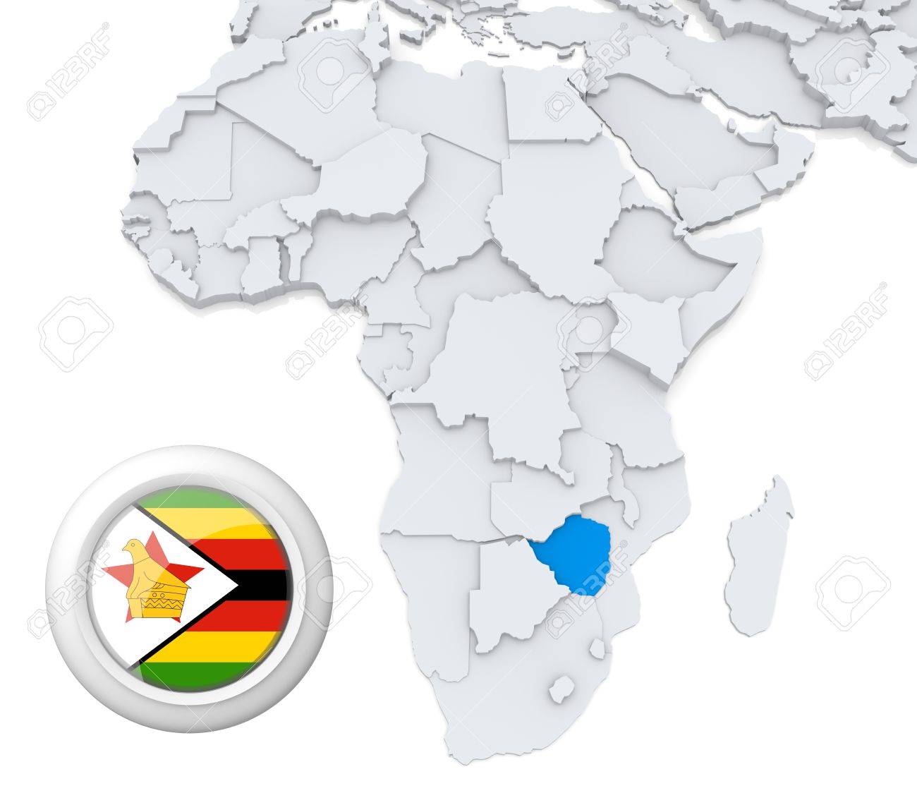 3 D モデルに国旗とジンバブエの強調表示された状態でアフリカの地図 の写真素材 画像素材 Image