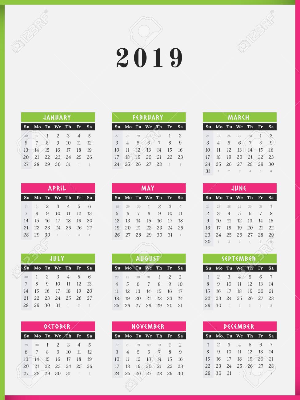 Calendar For Year 2019 Vector Illustration Color Frame Design