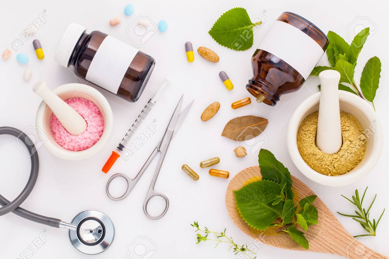 Herbal medicine VS Chemical medicine the alternative healthy care on white background. - 47780527 Herbal medicine VS Chemical medicine the alternative healthy care on white background. - 47780527