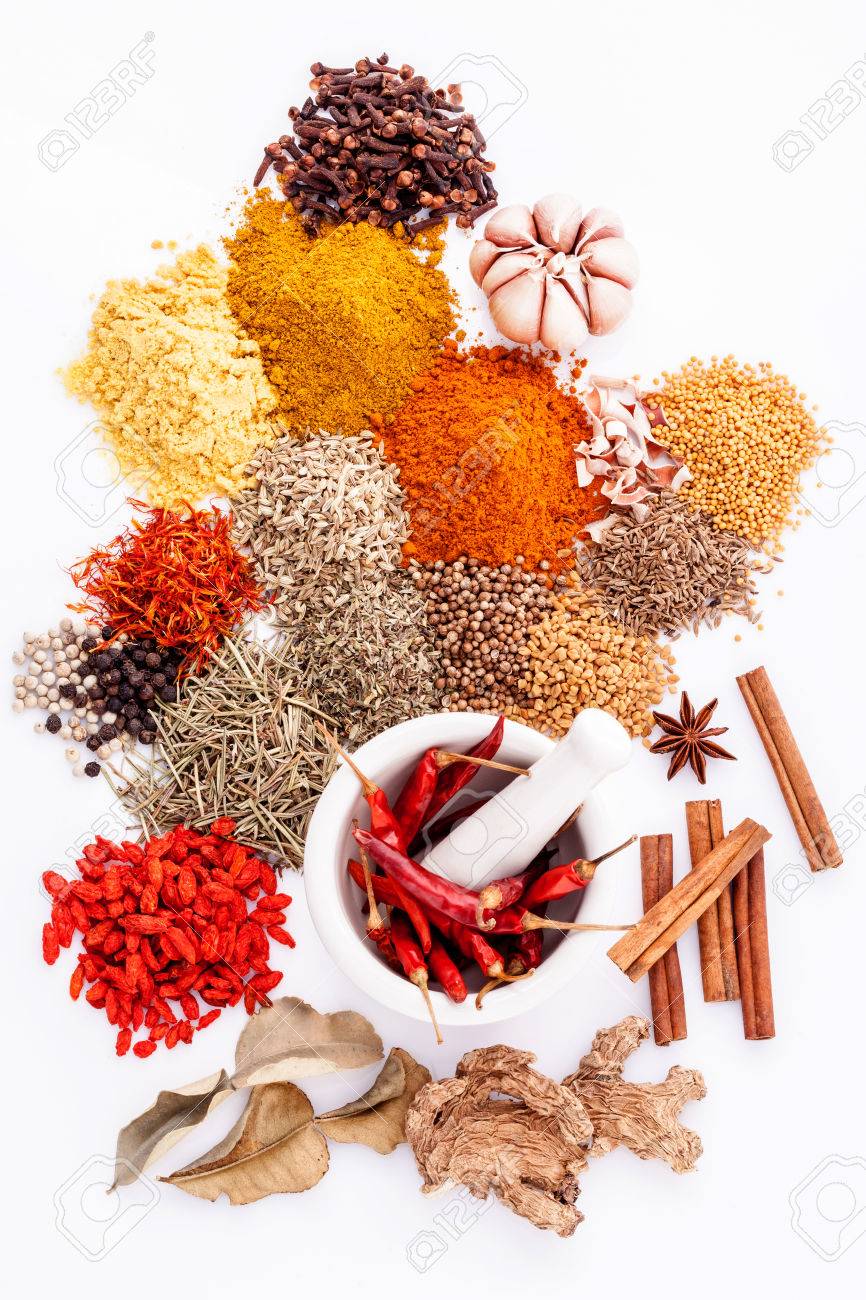 Assorted of spices black pepper ,white pepper,fenugreek,cumin ,bay leaf,cinnamon,thyme,matrimony vine(chinese wolfberry),safflower,rosemary and fennel seeds with white mortar isolated on white background. - 50438896 Assorted of spices black pepper ,white pepper,fenugreek,cumin ,bay leaf,cinnamon,thyme,matrimony vine(chinese wolfberry),safflower,rosemary and fennel seeds with white mortar isolated on white background. - 50438896