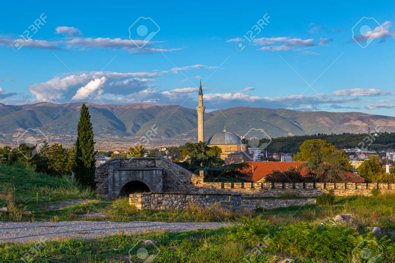 View of Mustafa Pasha's Mosque and mountain range from Skopje Fortress, Skopje, North Macedonia - 159036309 View of Mustafa Pasha's Mosque and mountain range from Skopje Fortress, Skopje, North Macedonia - 159036309