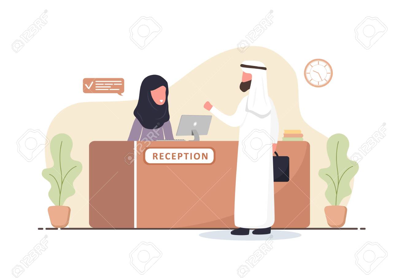 Reception Interior Arabic Woman Receptionist In Hijab Arab Man At Reception Desk Hotel Booking Clinic Airport Registration Bank Or Office Reception Concept Cartoon Flat Vector Illustration Royalty Free Cliparts Vectors And Stock
