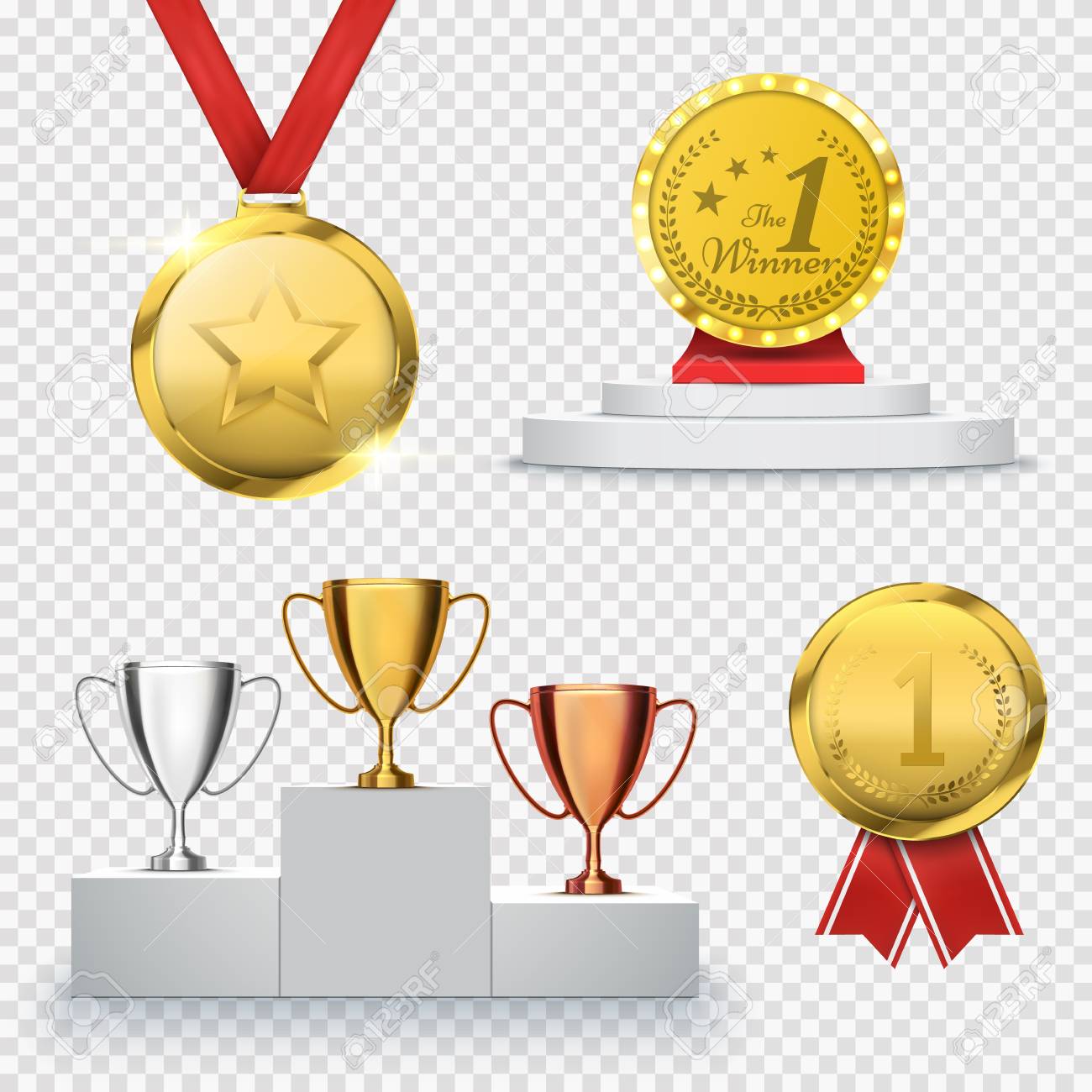 set of winner trophy prize template medal and podium vector prize template