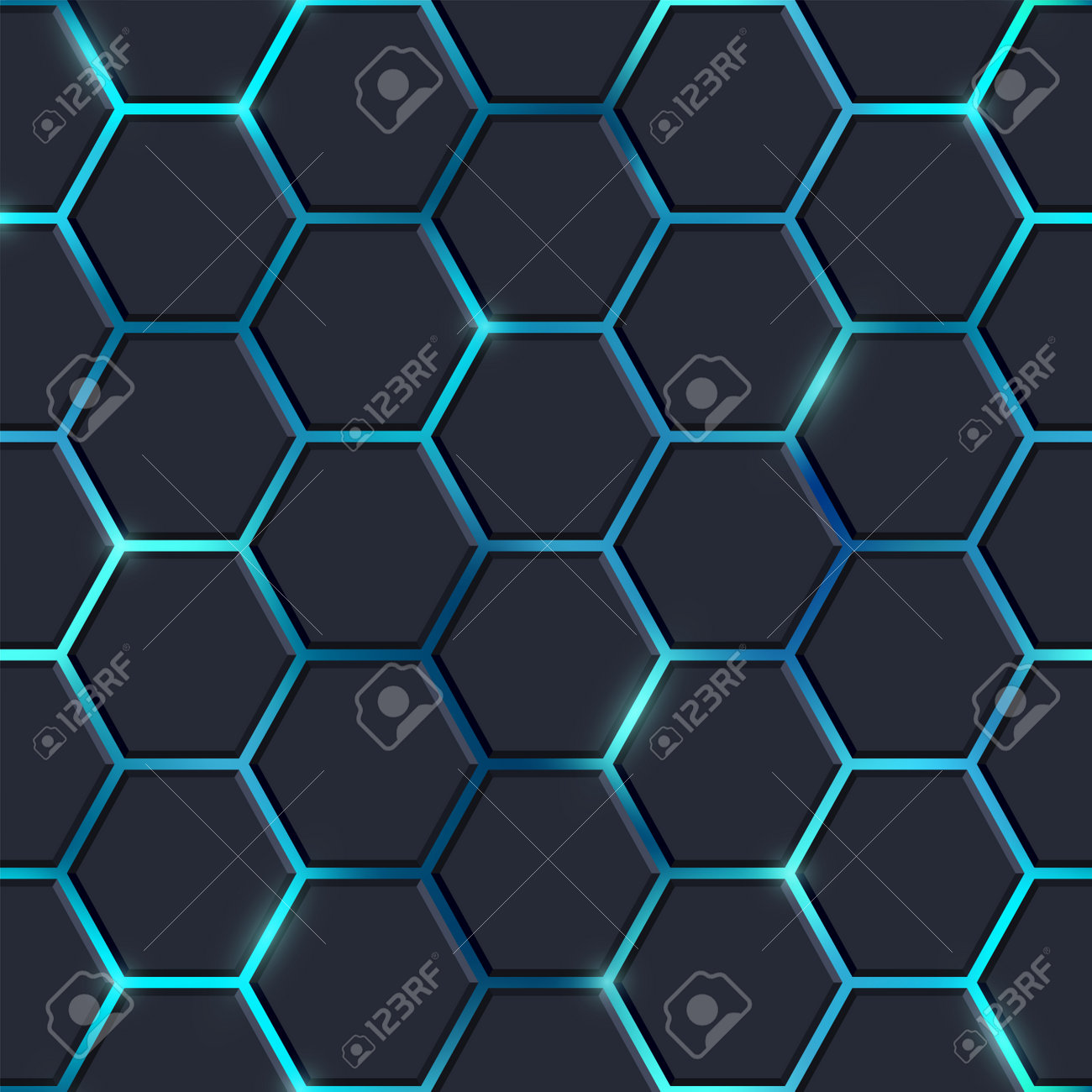 Abstract Black Hexagon Tiles Seamless Pattern With Shiny Flares On Blue  Background. Modern Technology Luminous Cells Texture. Vector Glowing Game,  Medical, Science Hexagon Background. Royalty Free SVG, Cliparts, Vectors,  and Stock Illustration., image size:1300x1300
