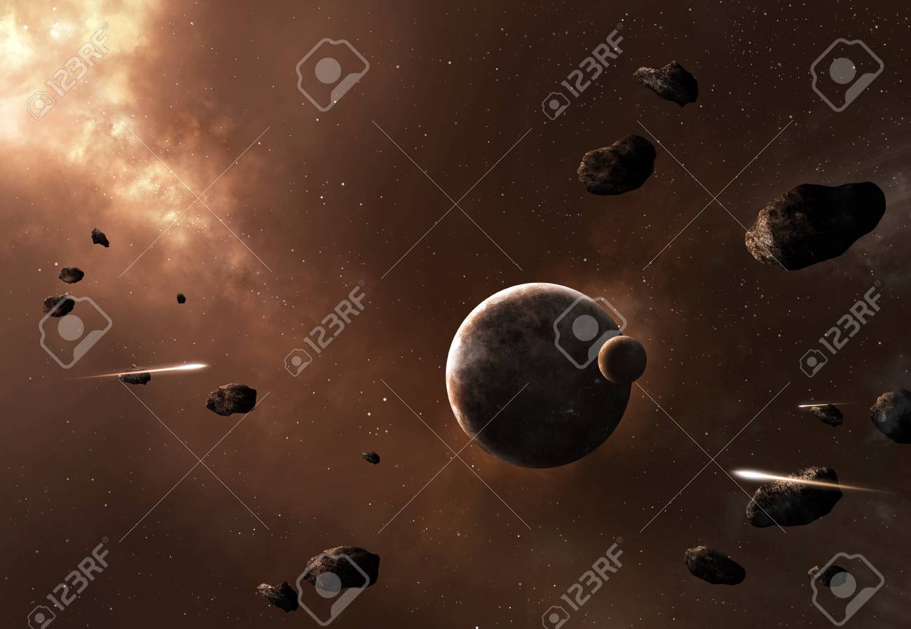 Asteroids In Space Heading Towards Planet And Moon Stock Photo, Picture and  Royalty Free Image. Image 13616083., image size:1300x898