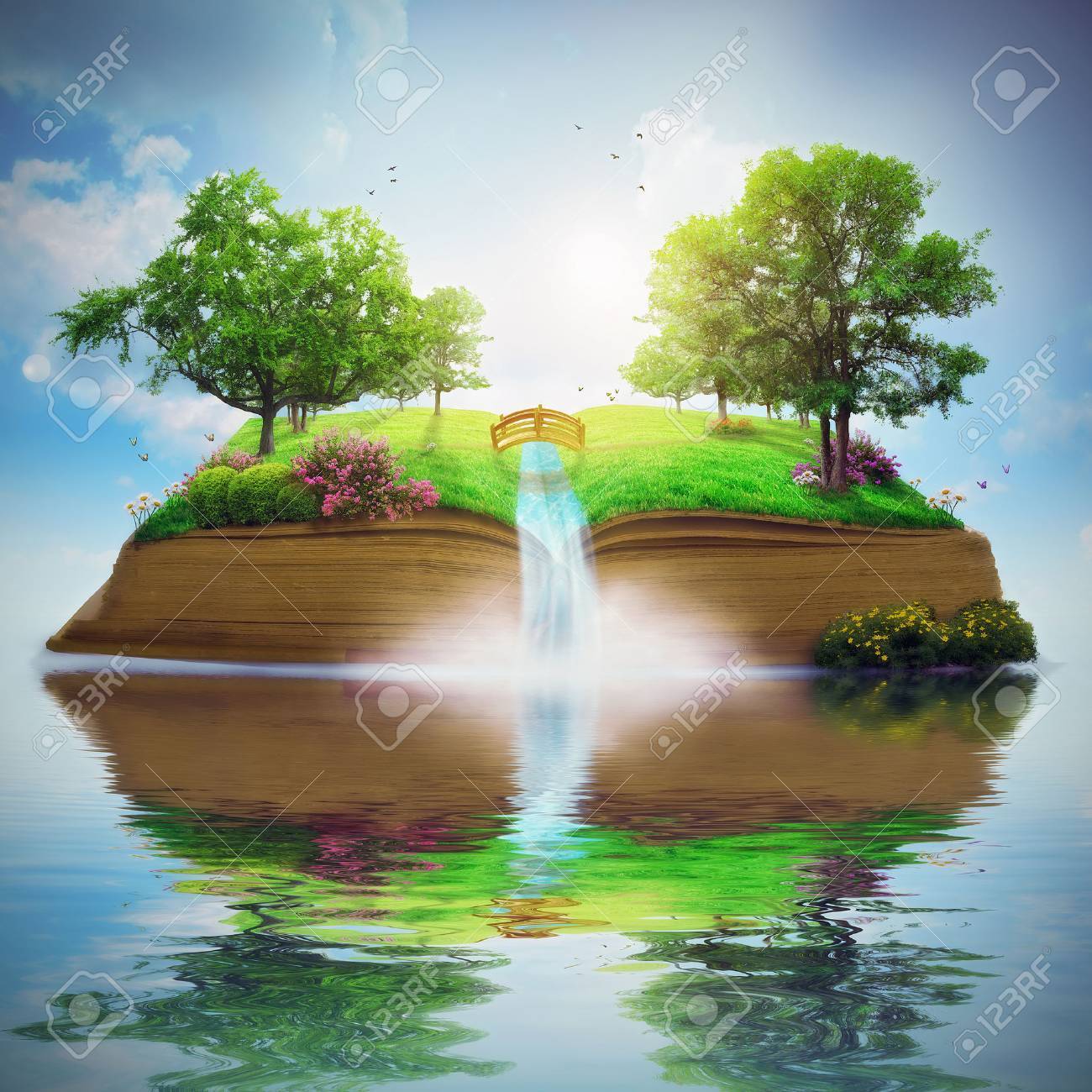 A beautiful garden scene on top of the pages of an open book. - 30704955 A beautiful garden scene on top of the pages of an open book. - 30704955