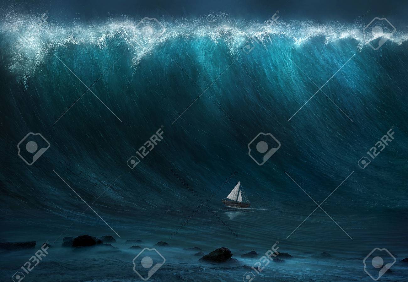 A small boat being captured by a large wave. - 47403586 A small boat being captured by a large wave. - 47403586