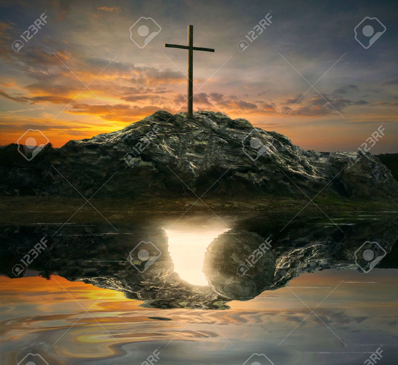 A single cross with the reflection of an empty tomb. - 57203763 A single cross with the reflection of an empty tomb. - 57203763