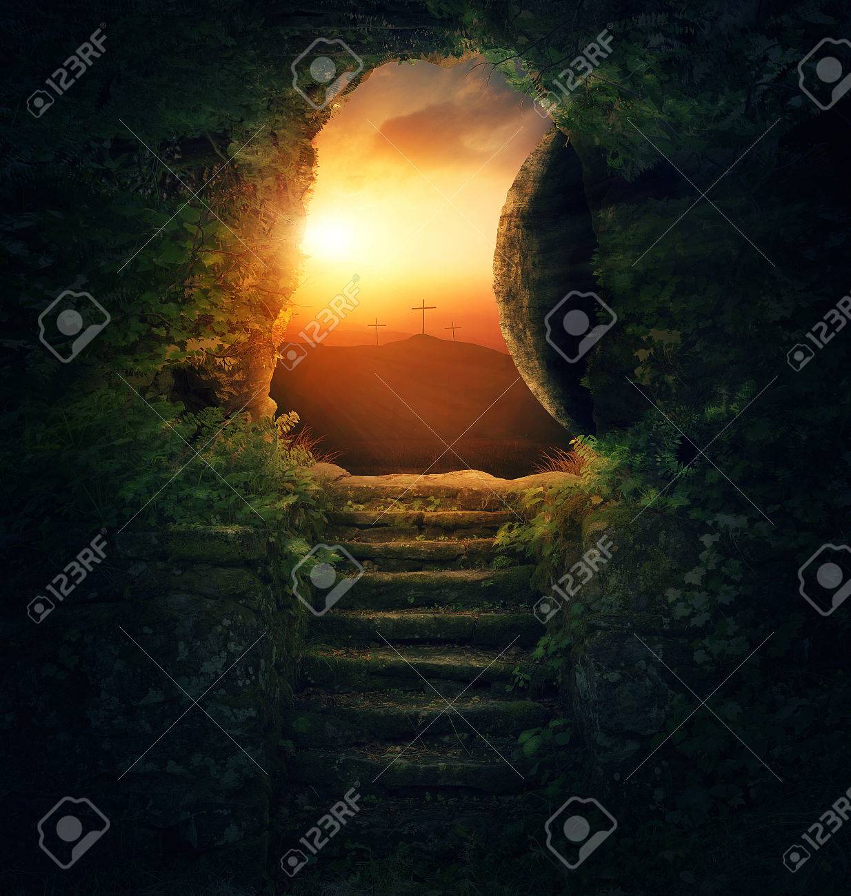 The stone is rolled away from the grave on Easter morning. - 57203766 The stone is rolled away from the grave on Easter morning. - 57203766