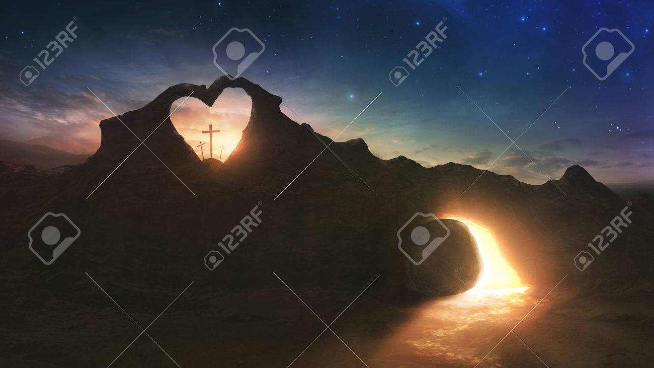 Three crosses and an empty grave on Easter morning with a heart shape in the rocks - 75724069 Three crosses and an empty grave on Easter morning with a heart shape in the rocks - 75724069