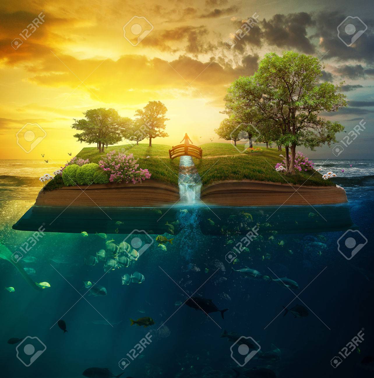 A woman stands on top of a beautiful garden on the pages of the Bible. - 81659732 A woman stands on top of a beautiful garden on the pages of the Bible. - 81659732