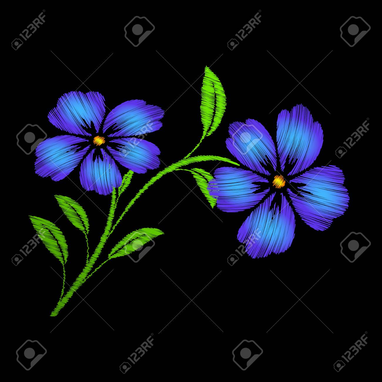 embroidered blue flowers on black background vector embroidered