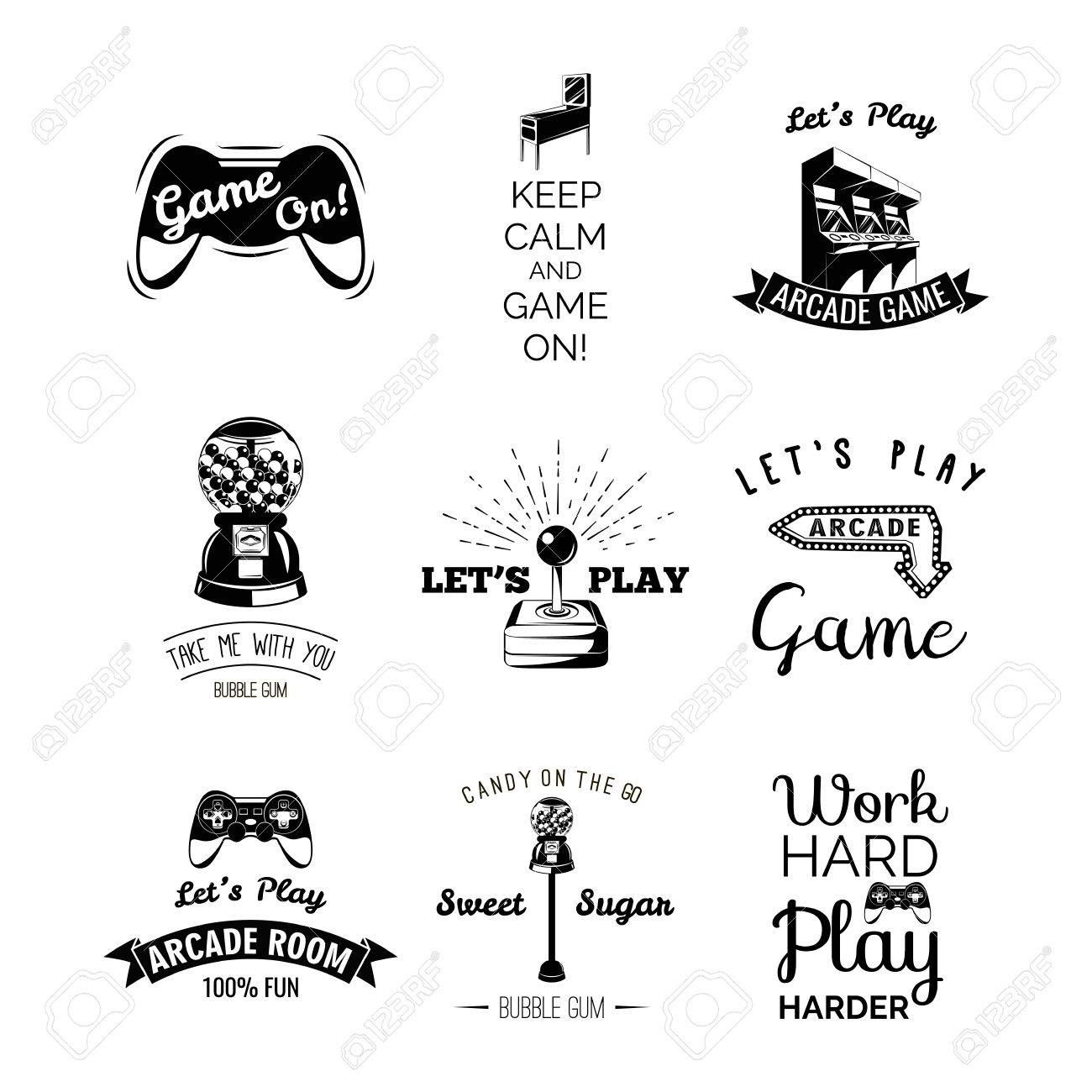 ベクトル ビデオ ゲームのラベルを設定します アーケード ゲーム ルーム ビデオゲームを遊んでみよう ガム機 ガムボール アーケード ビデオ ゲームおよびエンターテインメント スロット マシン ラベルとバッジのセットです のイラスト素材 ベクタ Image