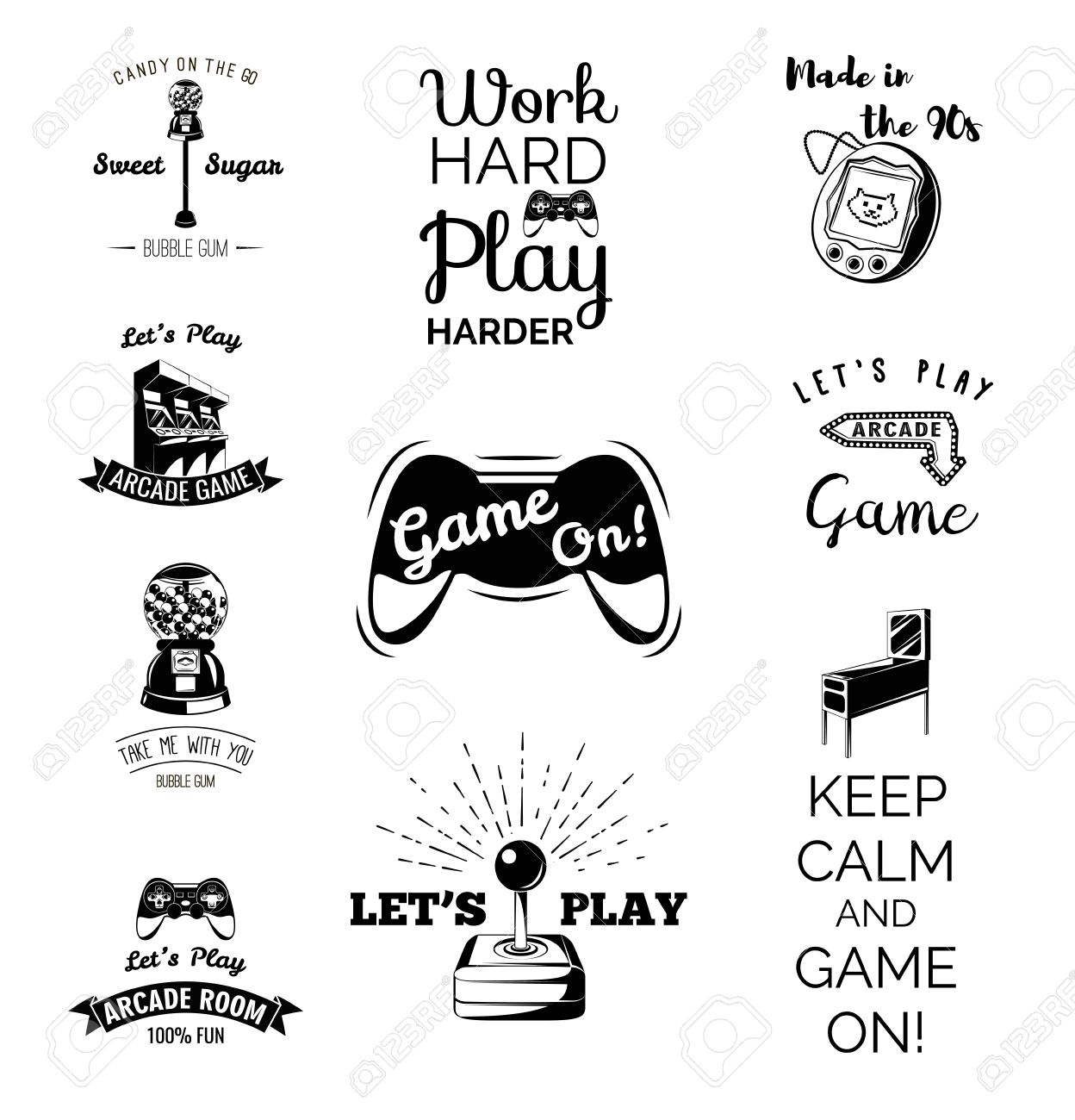 ベクトル ビデオ ゲームのラベルを設定します アーケード ゲーム ルーム ビデオゲームをプレイしましょう ガム機 ガムボール ベクトル図 のイラスト素材 ベクタ Image