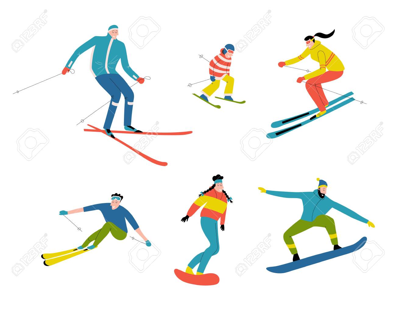Skiers And Snowboarders Cute Doodle People Funny Cartoon Men Women And Child In The Ski Resort Winter Mountain Sports Activity Hand Drawn Vector Flat Illustration Isolated On White Royalty Free Cliparts Vectors