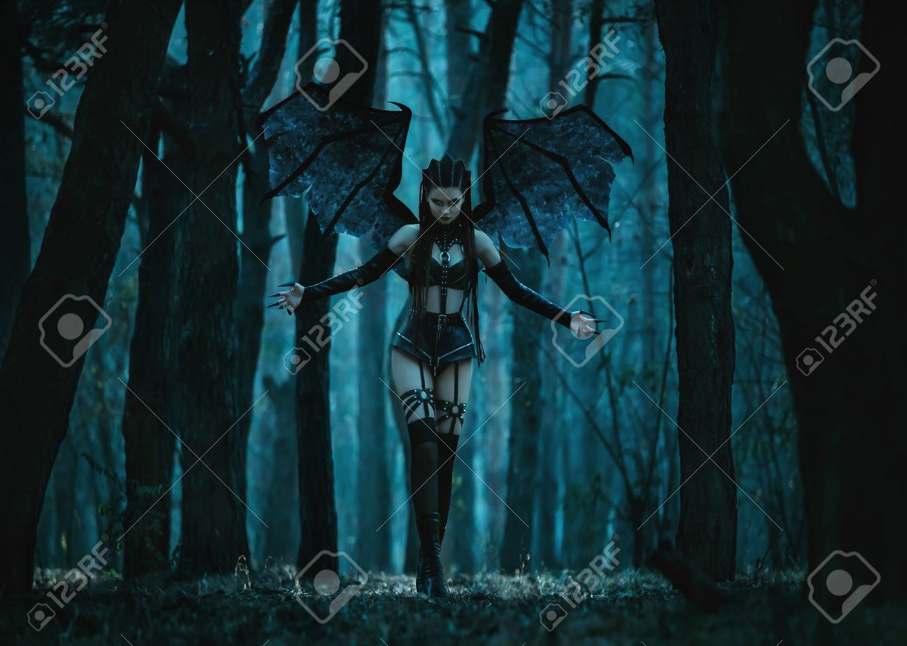 Girl vampire, a demon with bat wings, a succubus,through the dark forest girl walking a bat with huge wings and outfit,fashionable toning,creative computer colors - 52439045 Girl vampire, a demon with bat wings, a succubus,through the dark forest girl walking a bat with huge wings and outfit,fashionable toning,creative computer colors - 52439045