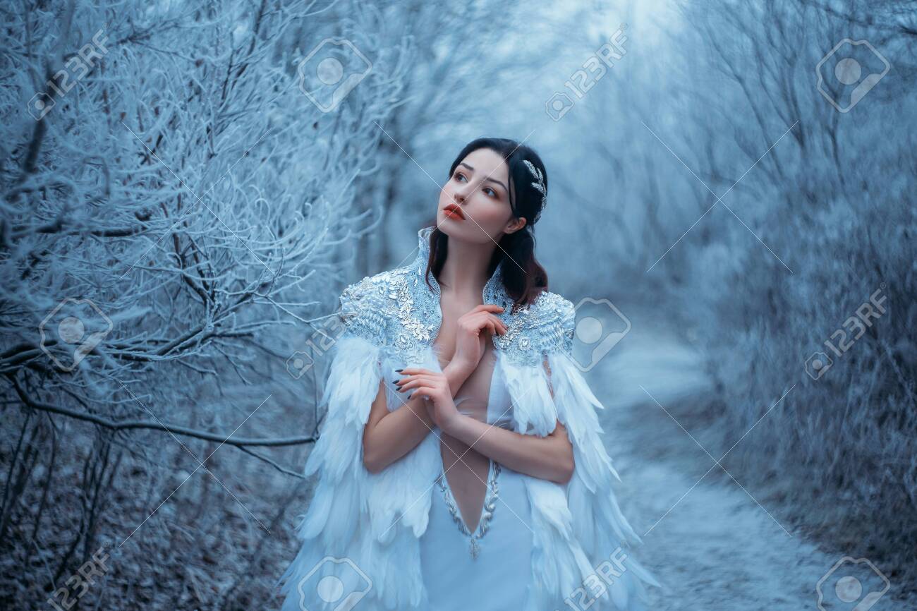 Young woman snow queen. Fantasy cape, white feathers. Creative clothes dress. Fashion model beautiful face. Elven cloak, princess in winter forest, trees in hoarfrost, snow. Silver Tiara Circlet - 150215693 Young woman snow queen. Fantasy cape, white feathers. Creative clothes dress. Fashion model beautiful face. Elven cloak, princess in winter forest, trees in hoarfrost, snow. Silver Tiara Circlet - 150215693