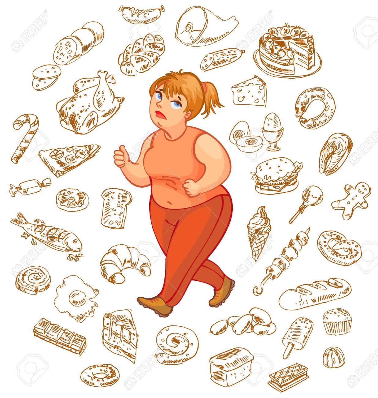 ベクトル イラスト分離された白い背景の上にジョギングに行く 高カロリー食品の脂肪の女性の夢のイラスト素材 ベクタ Image