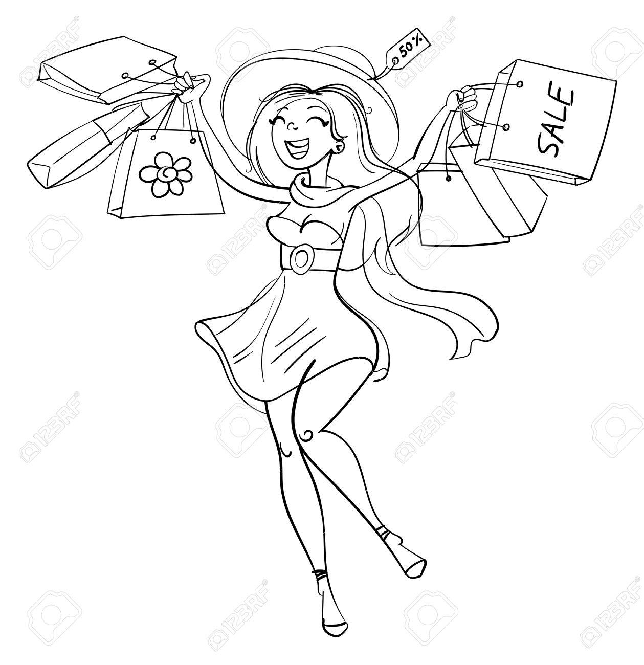 Fille Heureuse Avec Des Sacs En Magasin Client Ventes Personnage De Dessin Animé Drôle Vector Illustration Livre De Coloriage Noir Et Blanc