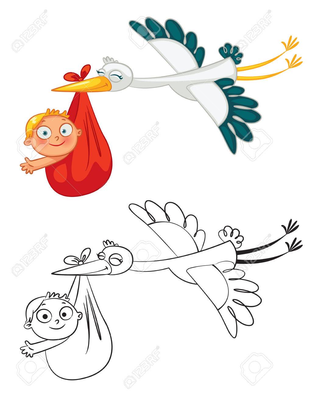 Stork carrying a cute baby. Funny cartoon character. Coloring book. Vector illustration. Isolated on white background. Set - 50123157 Stork carrying a cute baby. Funny cartoon character. Coloring book. Vector illustration. Isolated on white background. Set - 50123157