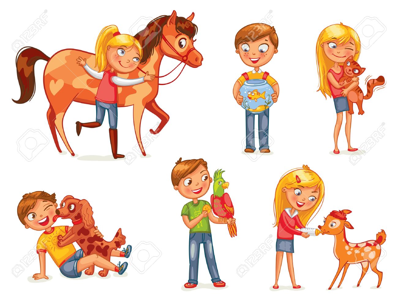 Caring for animals. Dog licking boy's face. Girl hugging a kitten. Girl fawn feeding bottle of milk. Jockey patting a horse. Funny cartoon character. Vector illustration. Isolated on white background - 50125183 Caring for animals. Dog licking boy's face. Girl hugging a kitten. Girl fawn feeding bottle of milk. Jockey patting a horse. Funny cartoon character. Vector illustration. Isolated on white background - 50125183