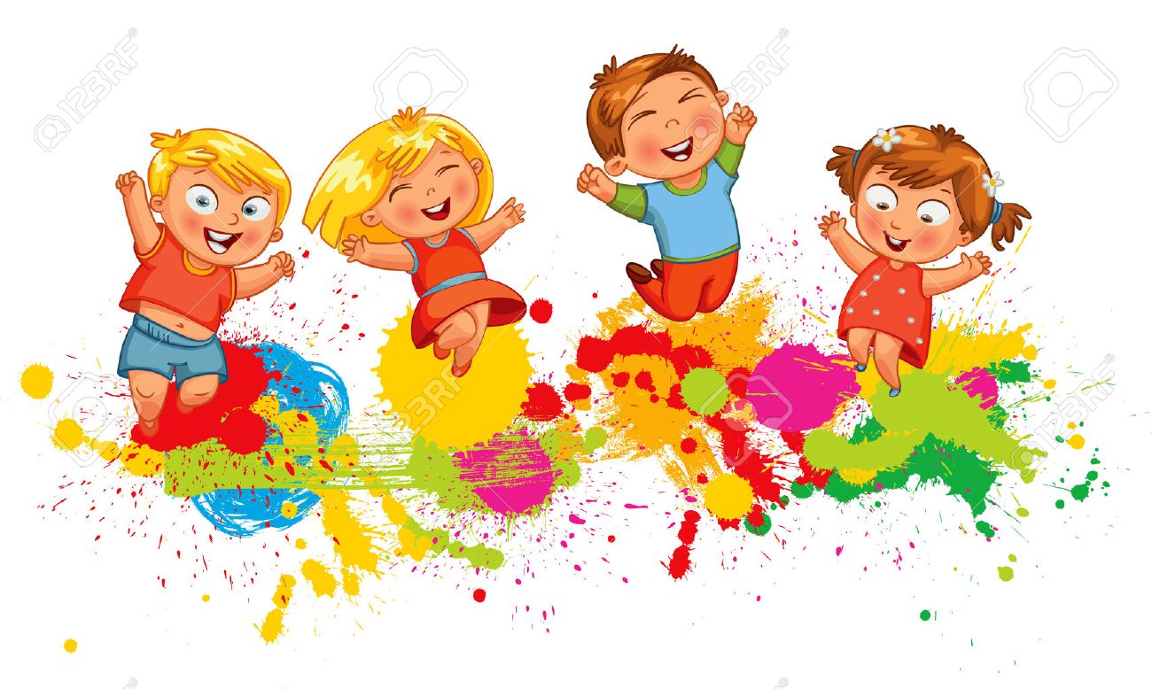 children jumping on the background color splash banner funny cartoon character vector illustration - Children Color children jumping on the background color splash banner funny cartoon character vector illustration - Children Color
