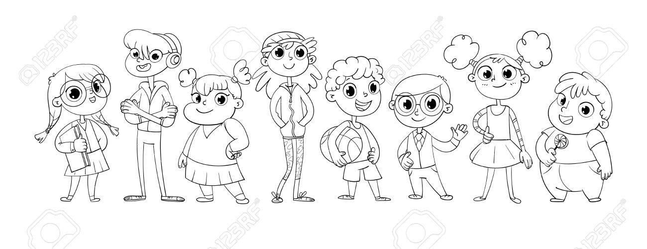 Carino varietà di bambini in fila. Illustrazione vettoriale. personaggio dei cartoni animati divertente. Isolato su sfondo bianco. Libro da colorare Carino varietà di bambini in fila. Illustrazione vettoriale. personaggio dei cartoni animati divertente. Isolato su sfondo bianco. Libro da colorare