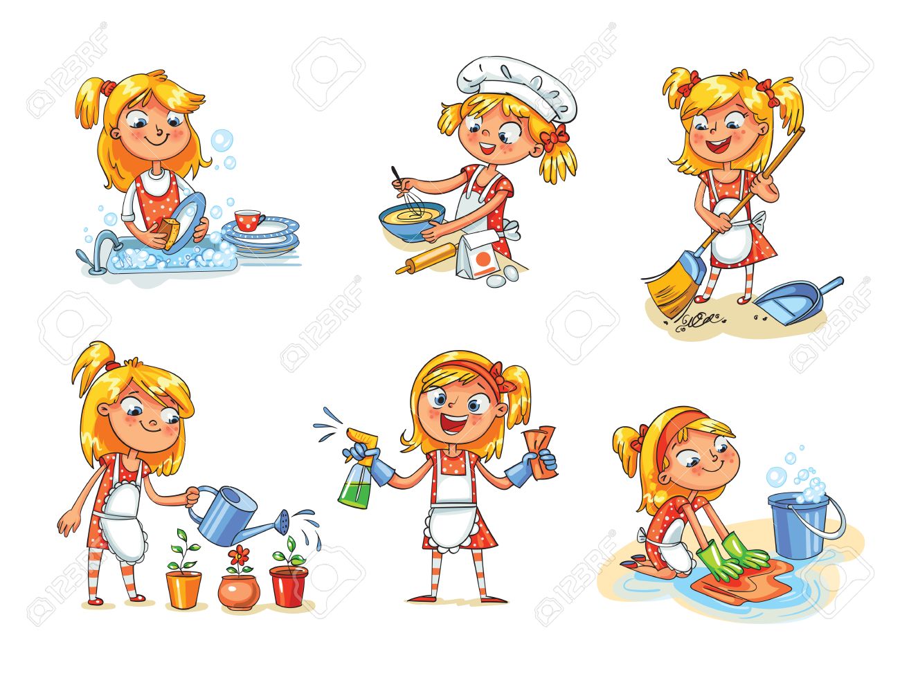 Pulizie di casa. girl è occupato a casa: fiori irrigazione, lavare i piatti, la polvere di pulizia con una scopa, lavare il pavimento, preparare da ... Pulizie di casa