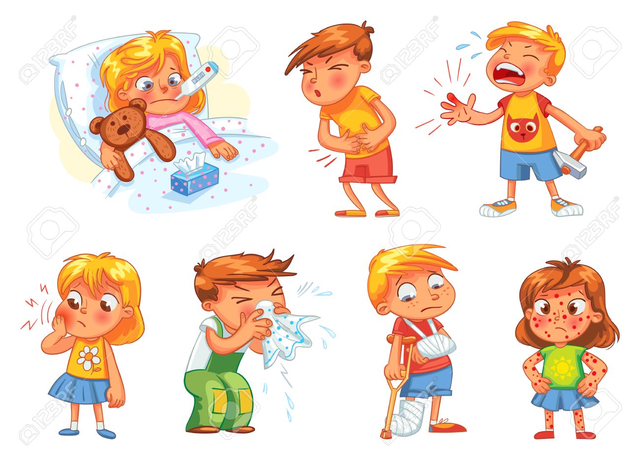 Children get sick. Child has high temperature. Boy hit with hammer on finger. Toothache. Boy's stomach ache. Girl's body rash. Broken limbs. Cold in head. Funny cartoon character. Vector illustration - 69019227 Children get sick. Child has high temperature. Boy hit with hammer on finger. Toothache. Boy's stomach ache. Girl's body rash. Broken limbs. Cold in head. Funny cartoon character. Vector illustration - 69019227
