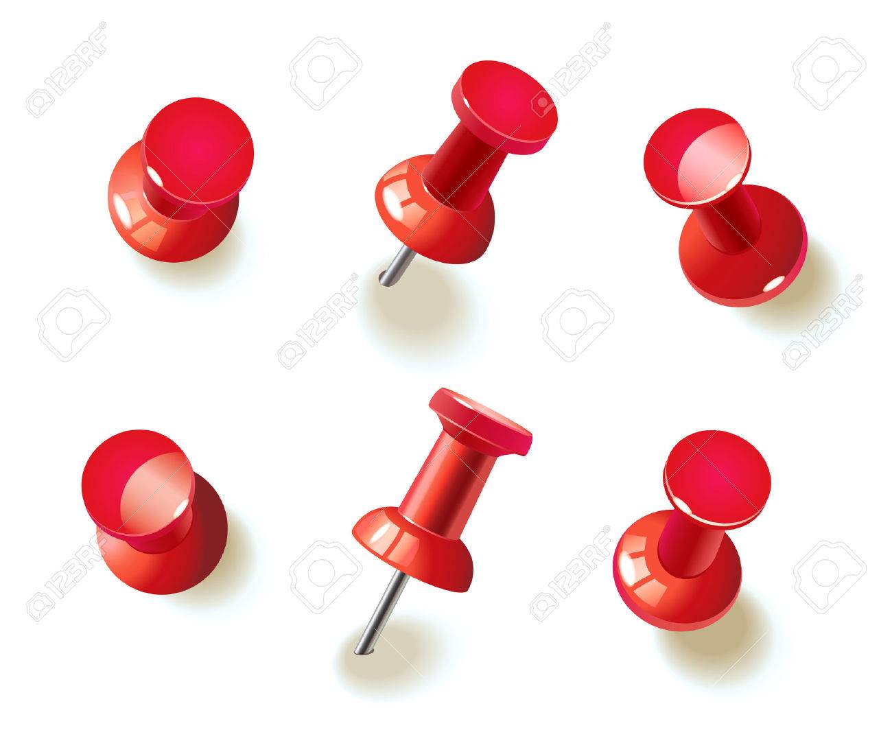 様々 な赤い押しピンのコレクションです びょう 平面図です ベクトルの図 白い背景上に分離 設定します 正面から見た図 平面図です クローズ アップ のイラスト素材 ベクタ Image