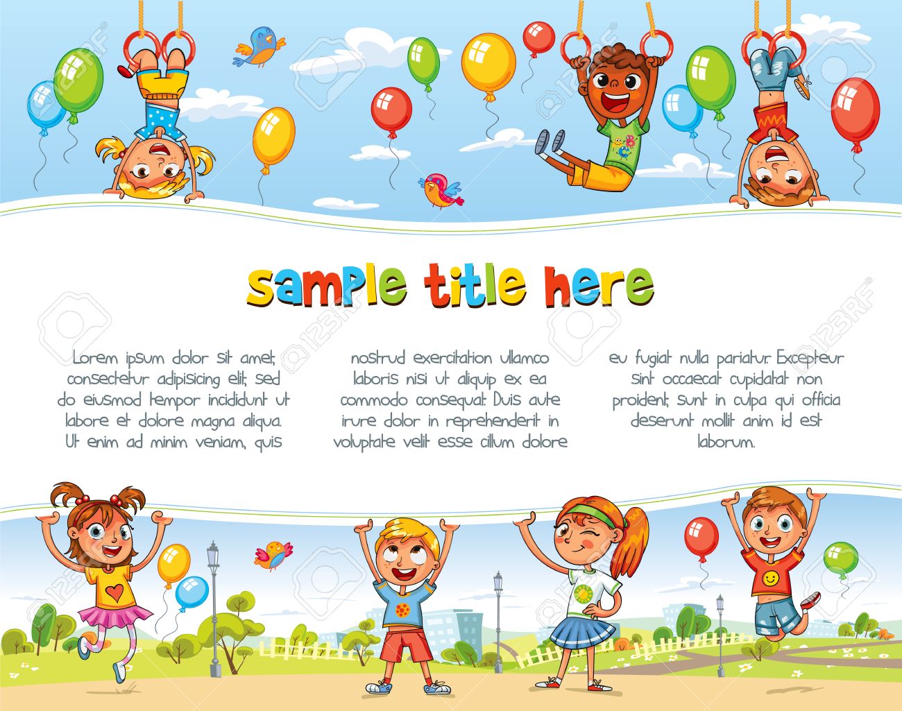 遊園地で遊ぶ 遊び場 幸せな子供は 空白のポスターを保持しています 広告パンフレット のテンプレートです あなたのメッセージを準備します テキストのためのスペース 面白い漫画のキャラクター ベクトル図 のイラスト素材 ベクタ Image