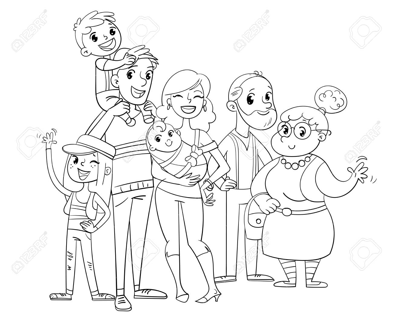 一緒にポーズをとる幸せな大家族 面白い漫画のキャラクターイラスト 塗り絵 白い背景に隔離されています のイラスト素材 ベクタ Image