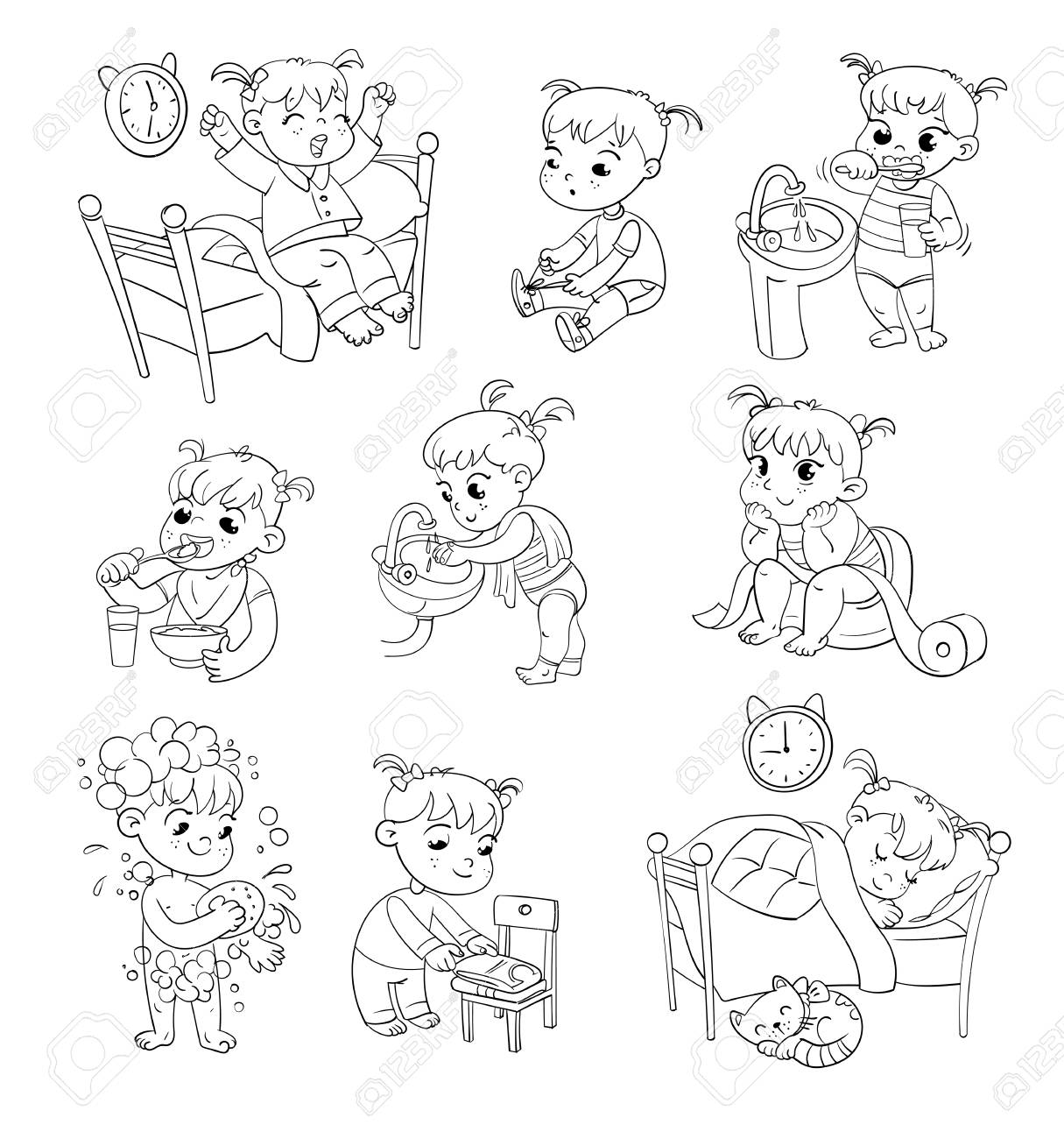 Activites De Routine Quotidiennes Bebe Assis Pot De L Enfant Fille Se Brosser Les Dents Lavage Des Mains La Fille Se Lave Les Mains Enfant Prenant Une Douche Reveillez Vous Le Matin Personnage Drole