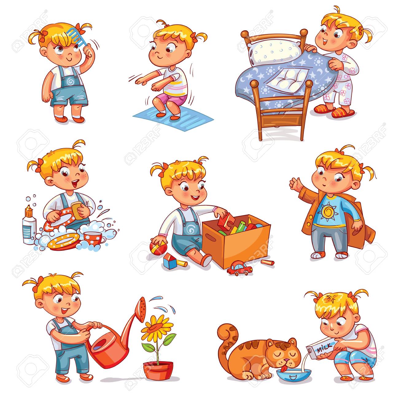 Daily routine. Child is combing his hair. Girl washes dishes. Kid is putting his toys in a box. Child makes bed. Girl himself clothes. Girl doing fitness exercise. Baby feeds a pet. - 91740770 Daily routine. Child is combing his hair. Girl washes dishes. Kid is putting his toys in a box. Child makes bed. Girl himself clothes. Girl doing fitness exercise. Baby feeds a pet. - 91740770