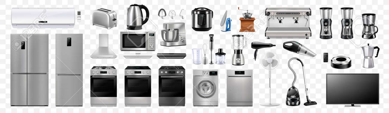 Un ensemble d'appareils électroménagers : four micro-ondes, lave-linge, réfrigérateur, aspirateur, multicuiseur, robot ménager, mixeur, fer à repasser, mixeur presse-agrumes, grille-pain. vecteur 3d réaliste, isolé - 187962236 Un ensemble d'appareils électroménagers : four micro-ondes, lave-linge, réfrigérateur, aspirateur, multicuiseur, robot ménager, mixeur, fer à repasser, mixeur presse-agrumes, grille-pain. vecteur 3d réaliste, isolé - 187962236